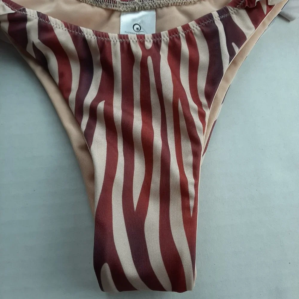 PLUMERIA SWIMWEAR Womens Bikini Bottom Size Small Beige Burgundy Stripes Ruffles
